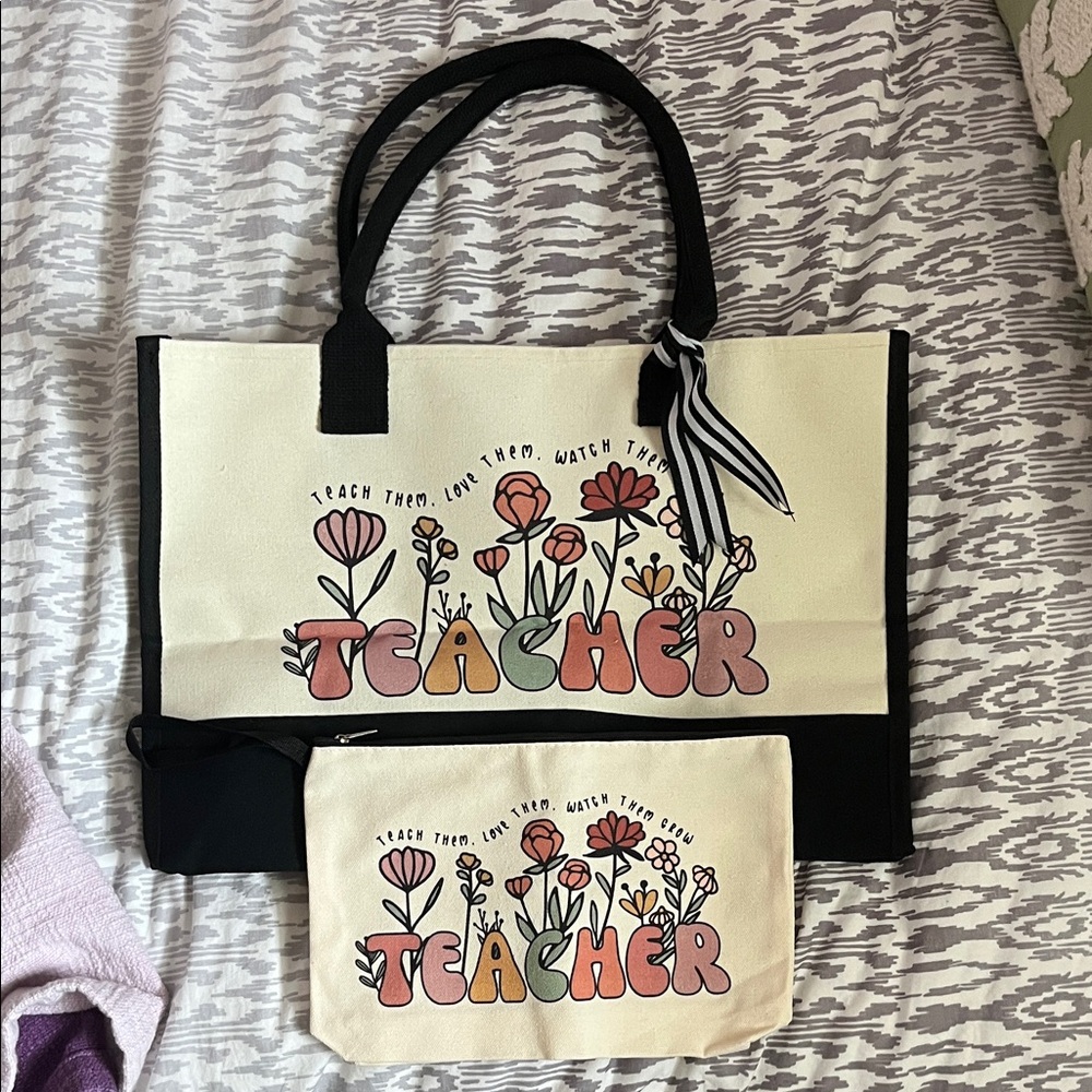Floral Teacher Canvas Tote and Pouch Set - Black and Cream